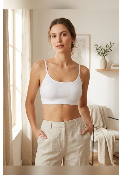Aura Collections İnce İp Askılı Çıkarılabilir Pedli Fitilli Pamuk Bralette Büstiyer Crop Beyaz