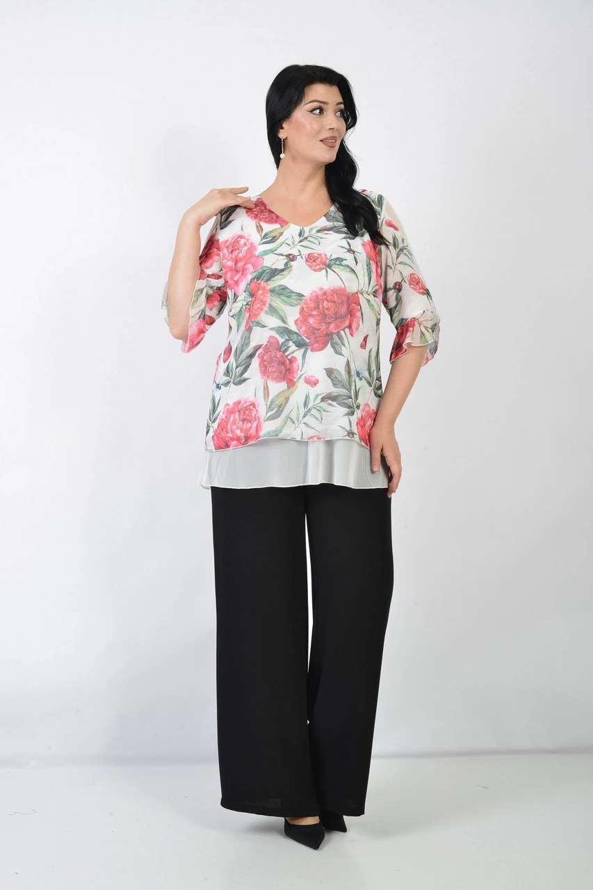 Lilas Xxl Büyük Beden Krem Renkli Çiçekli Şifon Bluz Beyaz