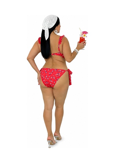 Büyük Beden Desenli Fırfır Askılı Uzun Üçgen Yandan Bağlamalı Kadın Bikini Takım