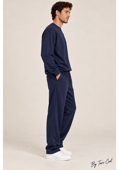 Tarz Cool Erkek Oversize %100 Oyşo Bisiklet Yaka Sweatshirt Bol Paça Alt Üst Takım Lacivert