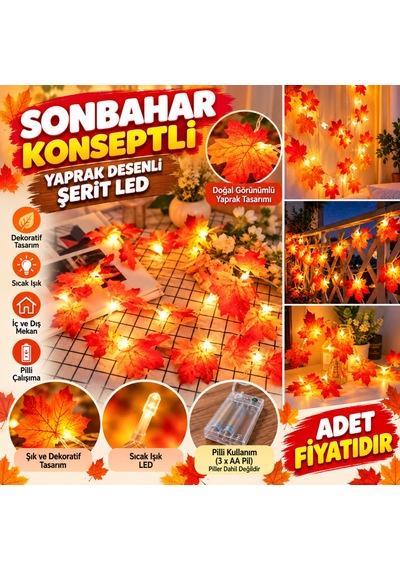 Sonbahar Konseptli Dekoratif Yaprak Desenli Şerit Led Gece Lamabası Adet