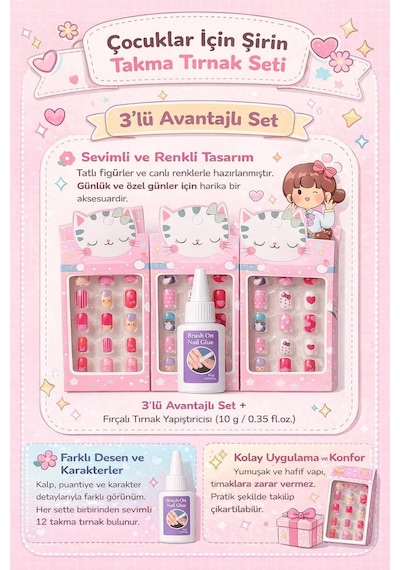 3 Li Çocuk Takma Tırnak Seti, Sevimli Karakterli Yapıştırmalı Çocuk Tırnakları, Kolay Tak,çıkar