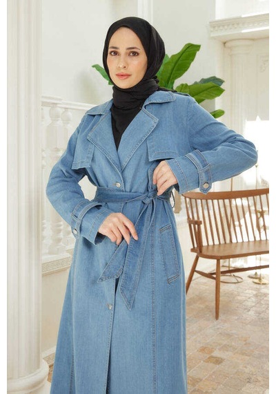 Neways 6458-Battal Allerli Denim Trençkot Mavi Mavi