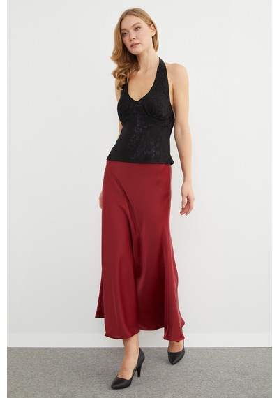 Fullamoda Beli Lastikli Maxi Boy Saten Etek Bordo