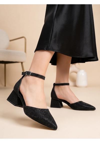 Nesilshoes Nesil Shoes Ermod 301 Siyah Simli Topuklu Kadın Ayakkabı