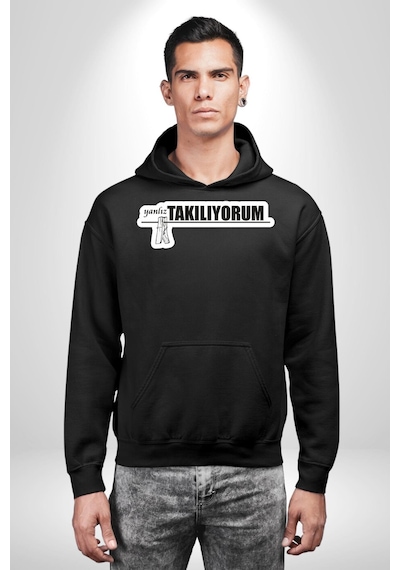 Yalnız Takılıyorum Yazılı Kadın Erkek Siyah Kapüşonlu Sweatshirt Hoodie Siyah