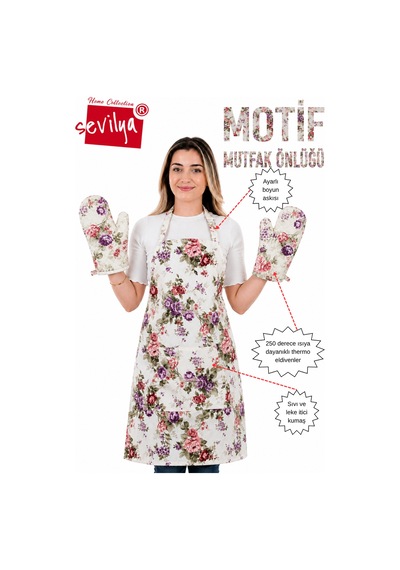 Motif 3'lü Mutfak Önlüğü Seti Ayarlanabilir Askılı Mutfak Önlüğü Şef Önlüğü 2 Eldiven Mor Gül