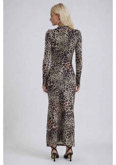 Lijuri Leopar Desenli Uzun Kadife Elbise 2989 Leopar