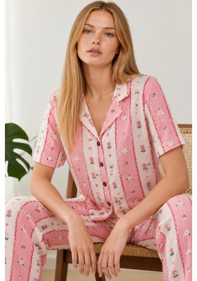 Kadın Kısa Kol Comfort Pembe Pijama Takımı 4738