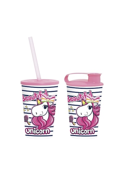 2'li Unicorn Çocuk Meşrubat Bardak Seti, Pipetli Kapaklı Su Süt Meyve Suyu Bardağı 330 Ml 2 Li Set Pembe
