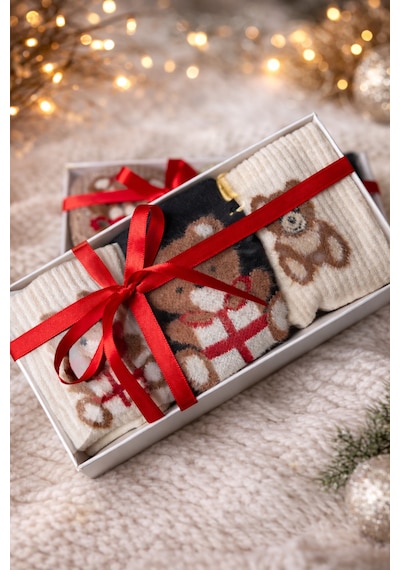 Ayı - Teddy Bear Konseptli 3'lü Çorak Kutulu Gönderim Açık Bej