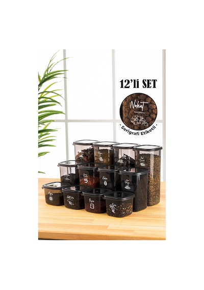 Vienev Beyaz Serigrafi Etiketli 12li Peggy Kare Saklama Kabı 4x 0,55 Litre, 1,2 Litre, 1,75 Litre Antrasit Çok Renkli