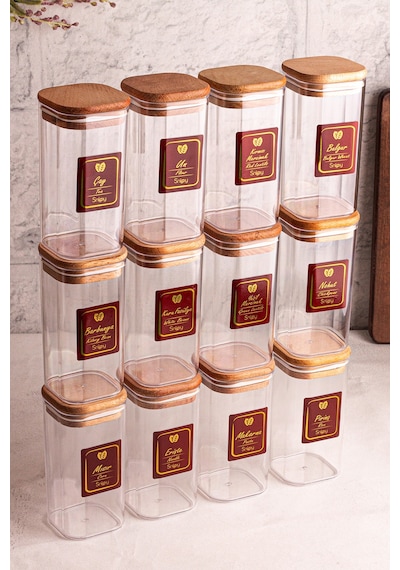 Snippy Boxy - 12'li Ahşap Vakumlu Kapaklı Etiketli Baharatlık Takımı 350 Ml - Erzak Saklama Kabı Seti Ahşap