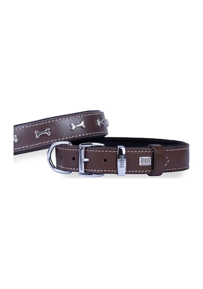 Doggie Konforlu Deri El Yapımı Kemik Süslü Köpek Boyun Tasması 2.5 x 37-45 CM Kahverengi