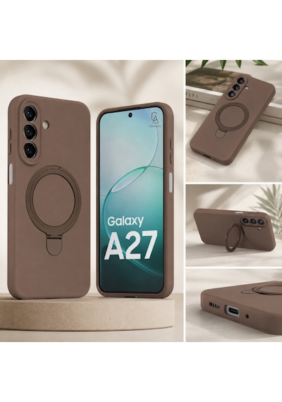 Samsung Galaxy A27 Uyumlu Kılıf M-safe Özellikli Yüzük Standlı Telefon Kılıfı Kapak Desert Gold
