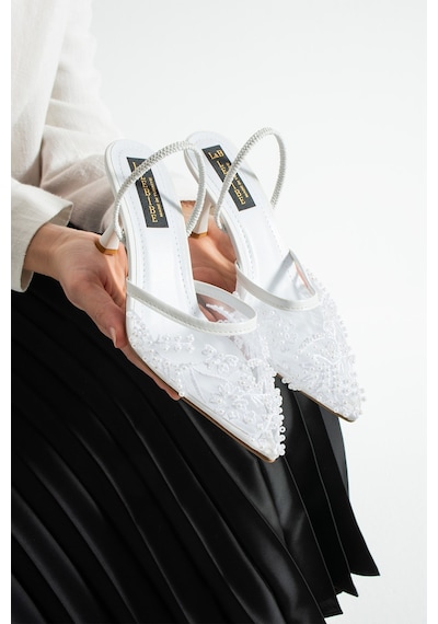 Lebibe Shoes Meggıe Kadın Beyaz Sivri Burun 7 Cm Topuklu Tül Üzerine İnci İşlemeli Slingback Ayakkabı