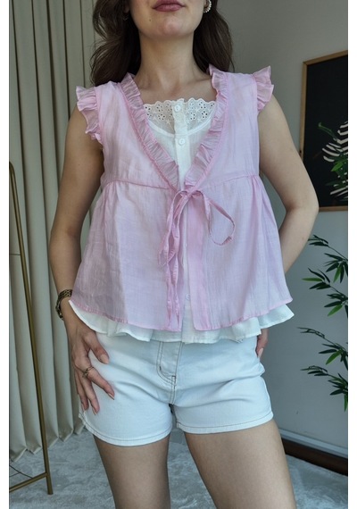 Meecy Kadın Önü Bağcıklı Çift Katlı Gömlek Pembe Pembe
