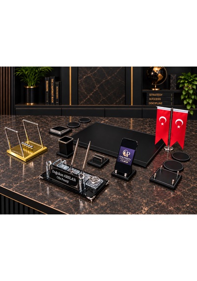 Ofis Prestij 13 Parça Gold Denge Toplu Kristal Kişiye Özel İsimlik Ve Sümen Seti Gold - Siyah