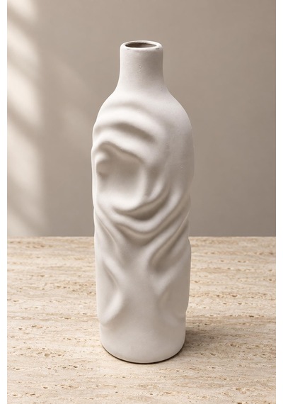 Beyaz Dalgalı Desen Vazo 35 Cm El Yapımı Kabartma Desenli Dekoratif Çiçek Vazosu Salon Konsol Dekoru