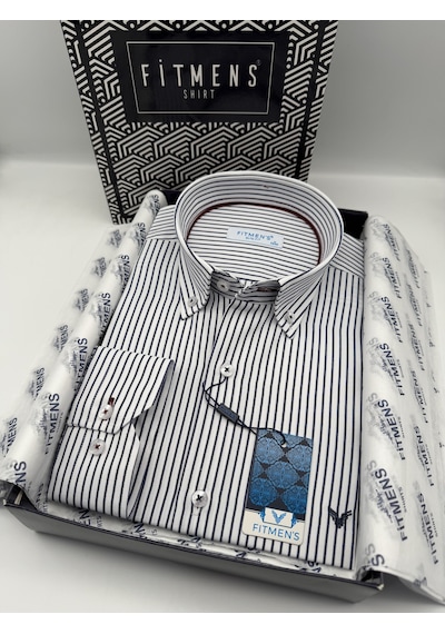 Slim Fit Uzun Kol Premium Çizgili Yaka Düğmeli Hediye Kutulu Erkek Gömlek Fs-004440 - Lacivert-3179