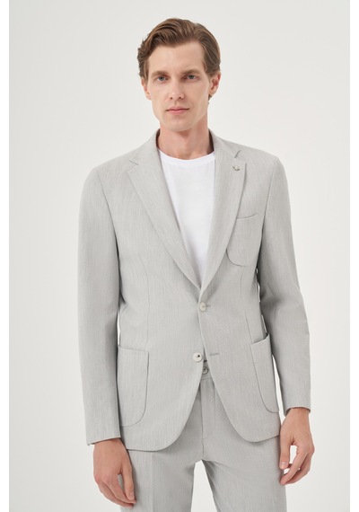 Morven Erkek Gri Poliviskon Trend Çizgili Slim Fit Mono Yaka Takım Elbise 26ms001002100 Gri