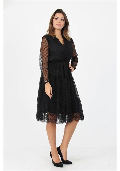 Neşeli Butik Kadın Tül Kruvaze Yaka Eteği Dantel Detaylı Yeni Sezon Elbise Apcx39 Siyah