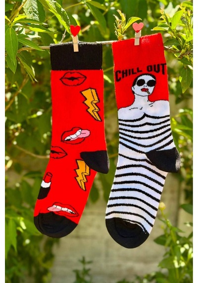 Lousocks Unisex Sağlı Sollu Chill Out Desenli Soket Çorap Kırmızı