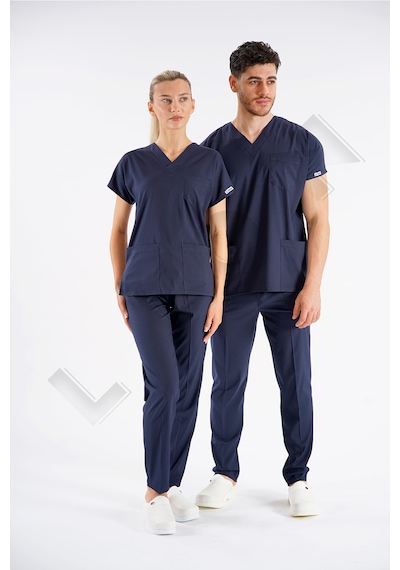Lacivert Dr. Greys Modeli Likralı Hemşire Forması Unisex Yarasa Kol Doktor Scrubs Hastane Takımı Lacivert