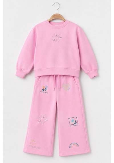 Kız Çocuk Nakış İşlemeli Sweatshirt Eşofman Takım Pembe