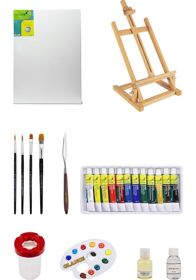 Fanart 50x70 Cm Tuval 3 Ayaklı Şövale Yağlı Boya Seti Ahşap Palet Yağdanlık Metal Spatul