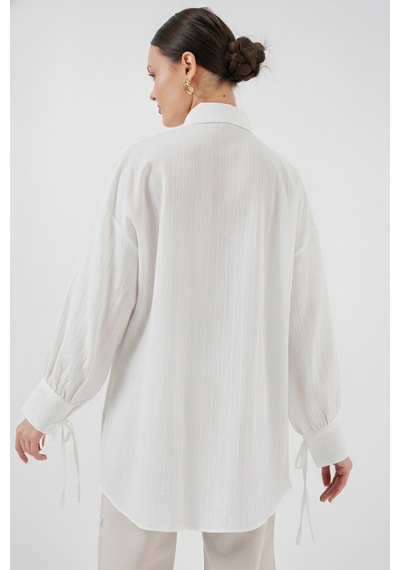Bigdart Kadın Oversize Bağcıklı Gömlek 5954 - Beyaz