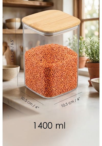 Bambu Kapaklı Kare 4 Lü 1400 Ml Hava Geçirmez Gıda Saklama Kabı Seti Orta Boy Contalı Erzak Kabı Şeffaf