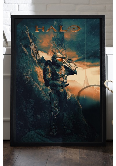 Halo Siyah Ahşap Çerçeveli Poster, Dekoratif Oyun Duvar Tablosu