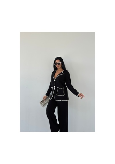 İkrafashion Çoban Dikişli Cepli Premium Triko Takım Siyah Siyah