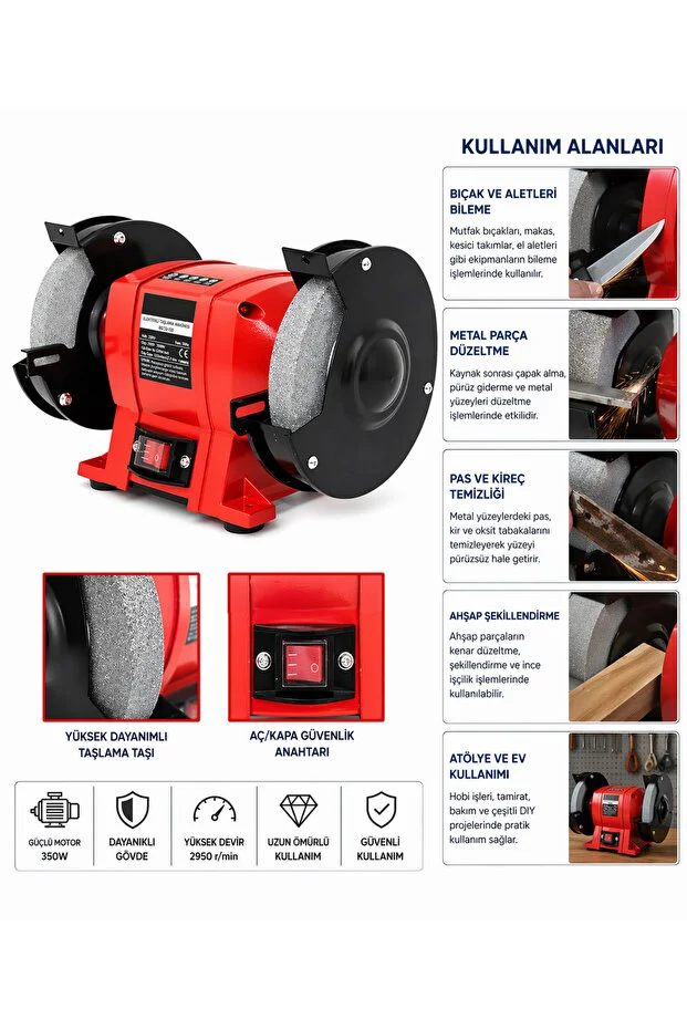 Elektrikli Taşlama Makinesi 250w Çark Motoru Zımpara 2950rpm Balta Bıçak Bileme