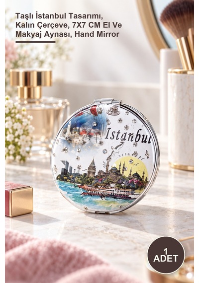 1 Adet El Aynası Taşlı İstanbul Tasarımı, Kalın Çerçeve, 7x7 Cm El Ve Makyaj Aynası, Hand Mirror Sarı