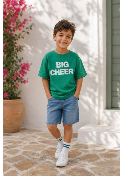 Eray Alp Kids Erkek Çocuk Baskılı Kot Tişört Şort Takımı Yazlık Günlük Model Yeşil