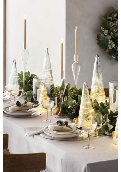 Crate & Barrel Ribbed Clear Glass Christmas Trees Set 3 Modern Cam Ağaçlar Yılbaşı Dekorları Şeffaf