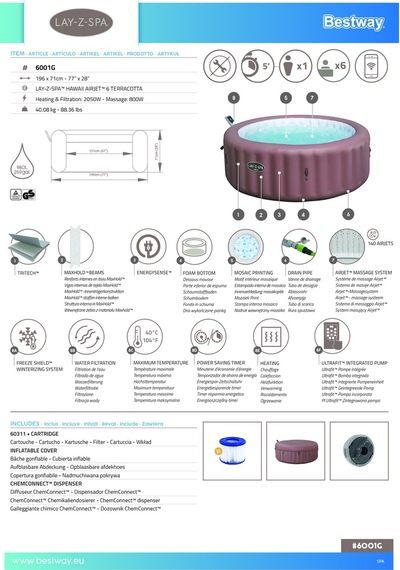Lay-z-spa 6001g Hawaii Smart Airjet Enerji Tasarruflu Şişme Spa Havuzu, Mobil Uygulama Kontrollü, 4-6 Kişilik Mor