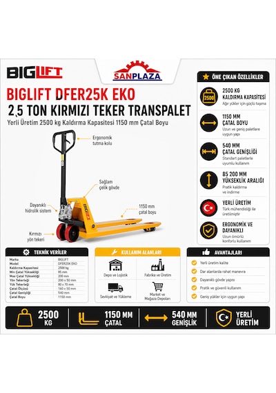 Biglift Dfer25k 2,5 Ton Kırmızı Teker Manuel Transpalet Çatal Boyu 115x54 Cm