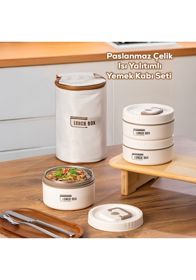 Porsima 25013 Vakumlu 3 Parça Çelik Lunch Box Sefer Tası Çantalı Krem