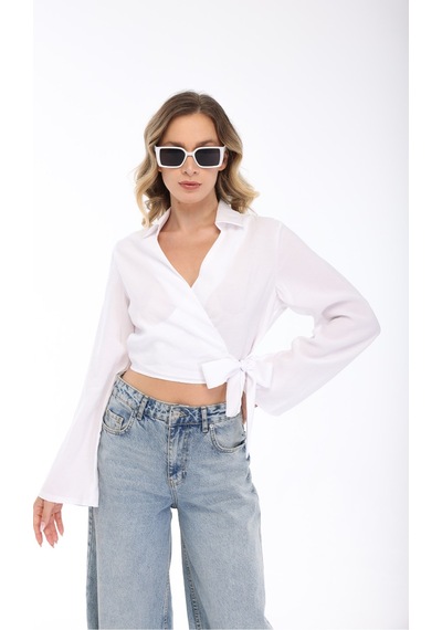 Blayn Jeans Blayn Kadın Beyaz Kruvaze Yaka Belden Bağlamalı Uzun Kollu Şık Bluz