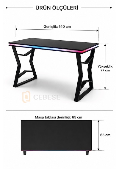 Bilgisayar Masası + Rgb Led 140 77 65 Cm Kumandalı Ve Telefon Kontrollü Siyah