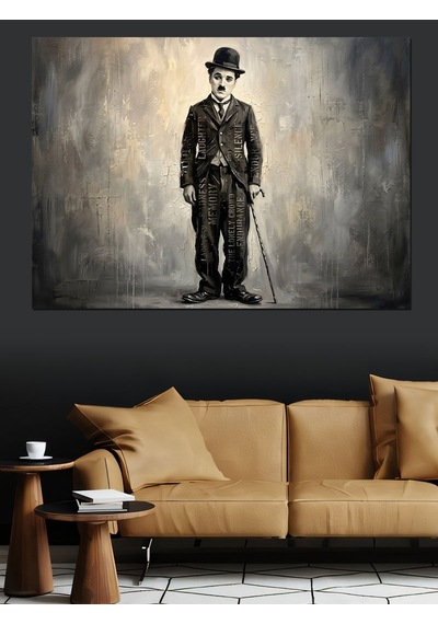 Charlie Chaplin Siyah Beyaz Portre Dekoratif Kanvas - Mdf Ahşap Tablo