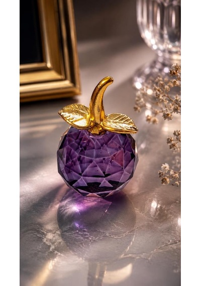 Mor Kristal Elma Biblo Mini Boy 7.5 Cm Dekoratif Cam Obje Gold Yapraklı Lüks Masa Üstü Süs