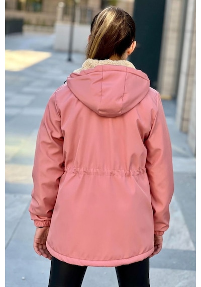 Kız Çocuk Renkli Kapüşonlu Cepli Beli Büzgülü Bondik Kumaş Kışlık Mont Km4020 Pembe
