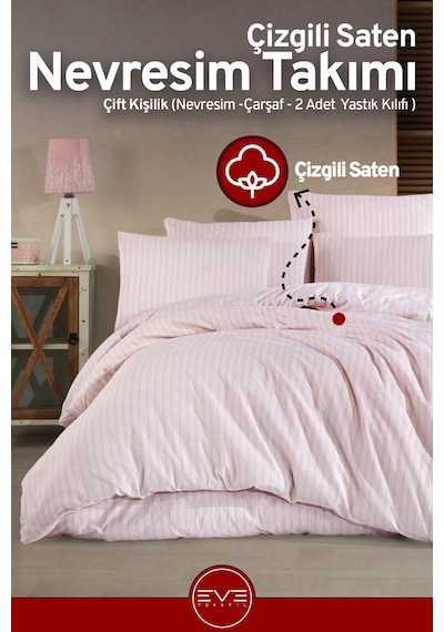 Saten Çizgili Çift Kişilik Lüks Nevresim Takımı Set 200x200 Cm Pembe
