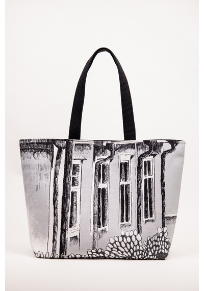 Fabric Craft Bag Omuz Çanta Keten Kumaş Siyah Beyaz Mimari Desen Siyah - Gri