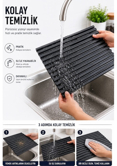 Sas Haus Plastik Pratik Lavabo Tezgah Üstü Bulaşık Kurutmalığı Siyah 35 X 45 S-10145
