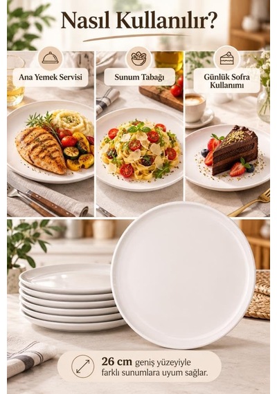 Tr 6'li Beyaz Porselen Servis Tabağı Seti 26 Cm - Düz Kenar Büyük Boy Ana Yemek Ve Sunum Tabağı Takımı Genel